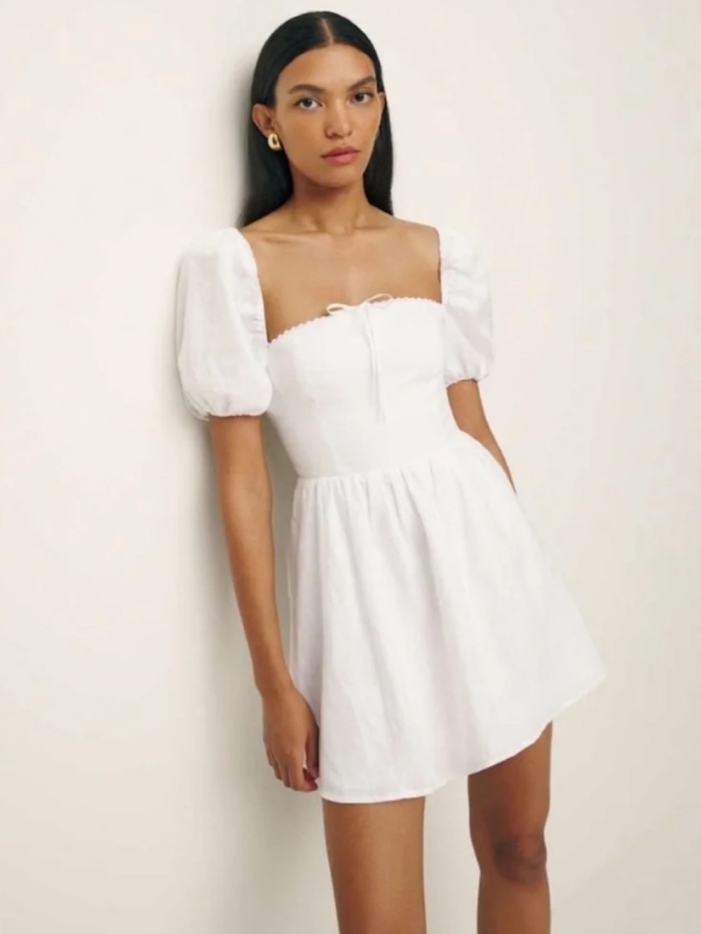 Reformation Malvina Linen White Mini Dress with Puff Sleeves